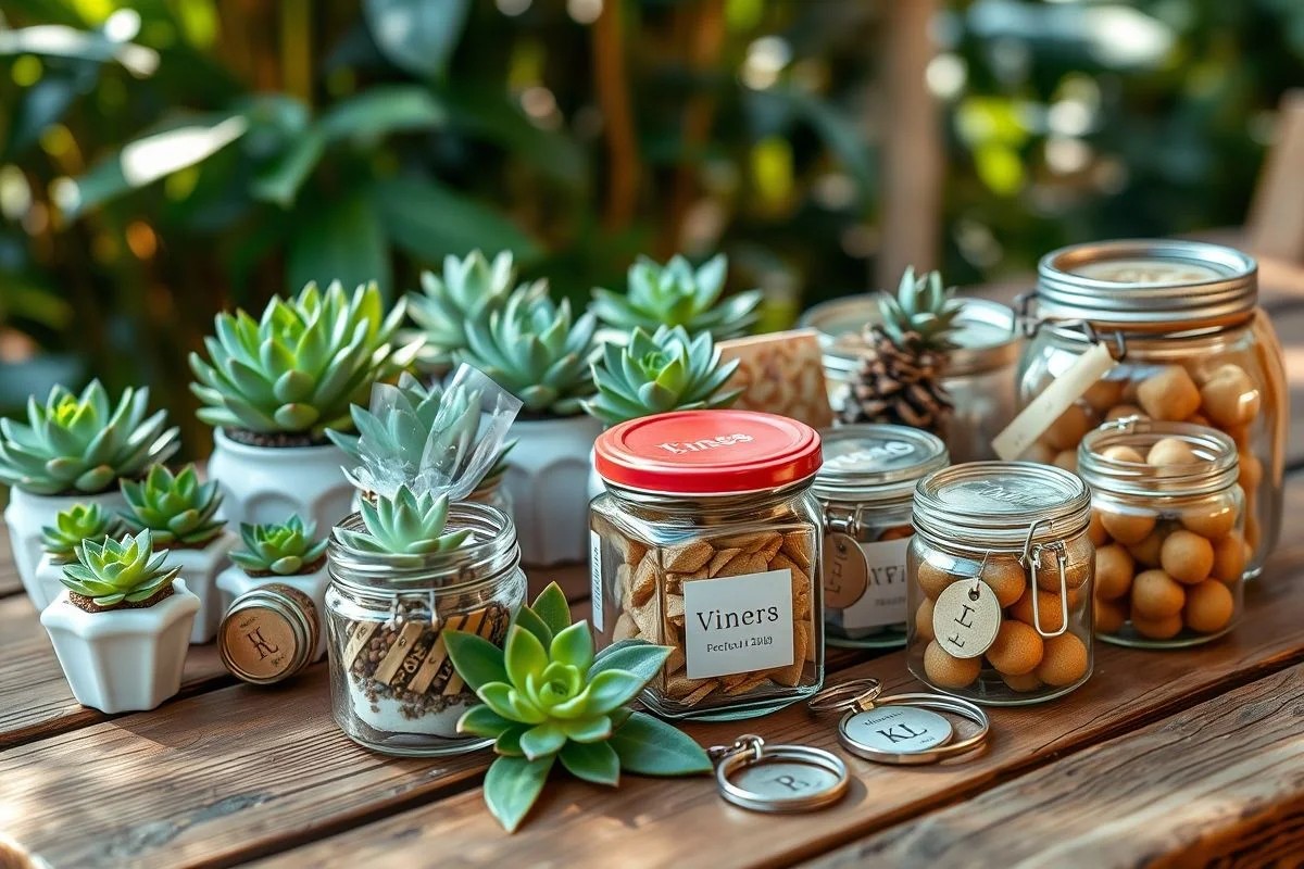 Lembrancinhas de casamento simples e baratas: suculentas, doces caseiros e chaveiros.
