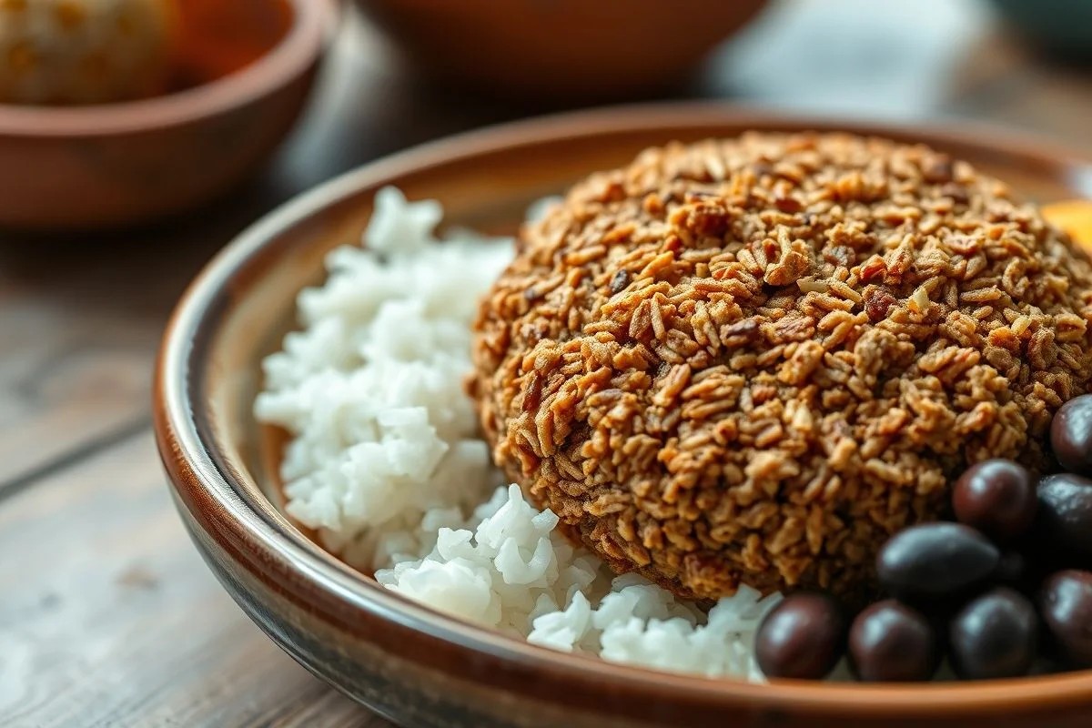 Paçoca de pinhão vegana com proteína de soja, servida com arroz e feijão.