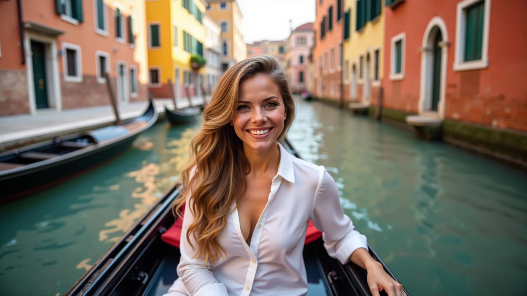 Passeio de gôndola em Veneza, mulher sorrindo, prédios coloridos, fotografia profissional, 'La Dolce Vita'.