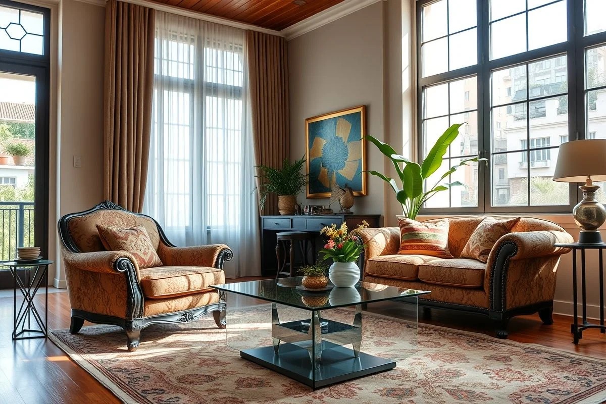 Poltrona clássica Bergère combinada com mesa moderna em apartamento brasileiro