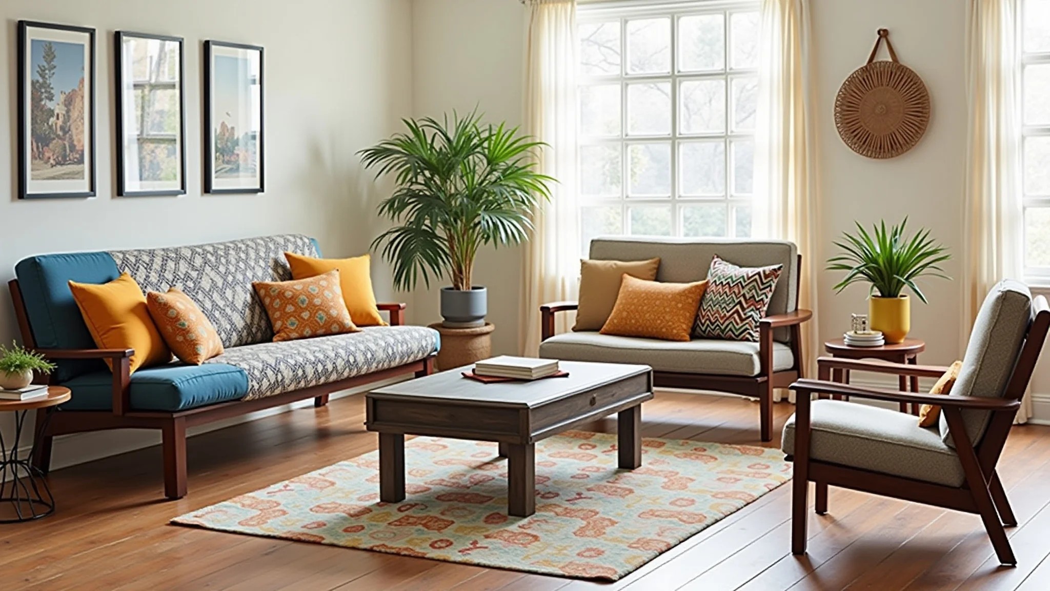 Sala versátil com poltrona futon e almofadas coloridas.