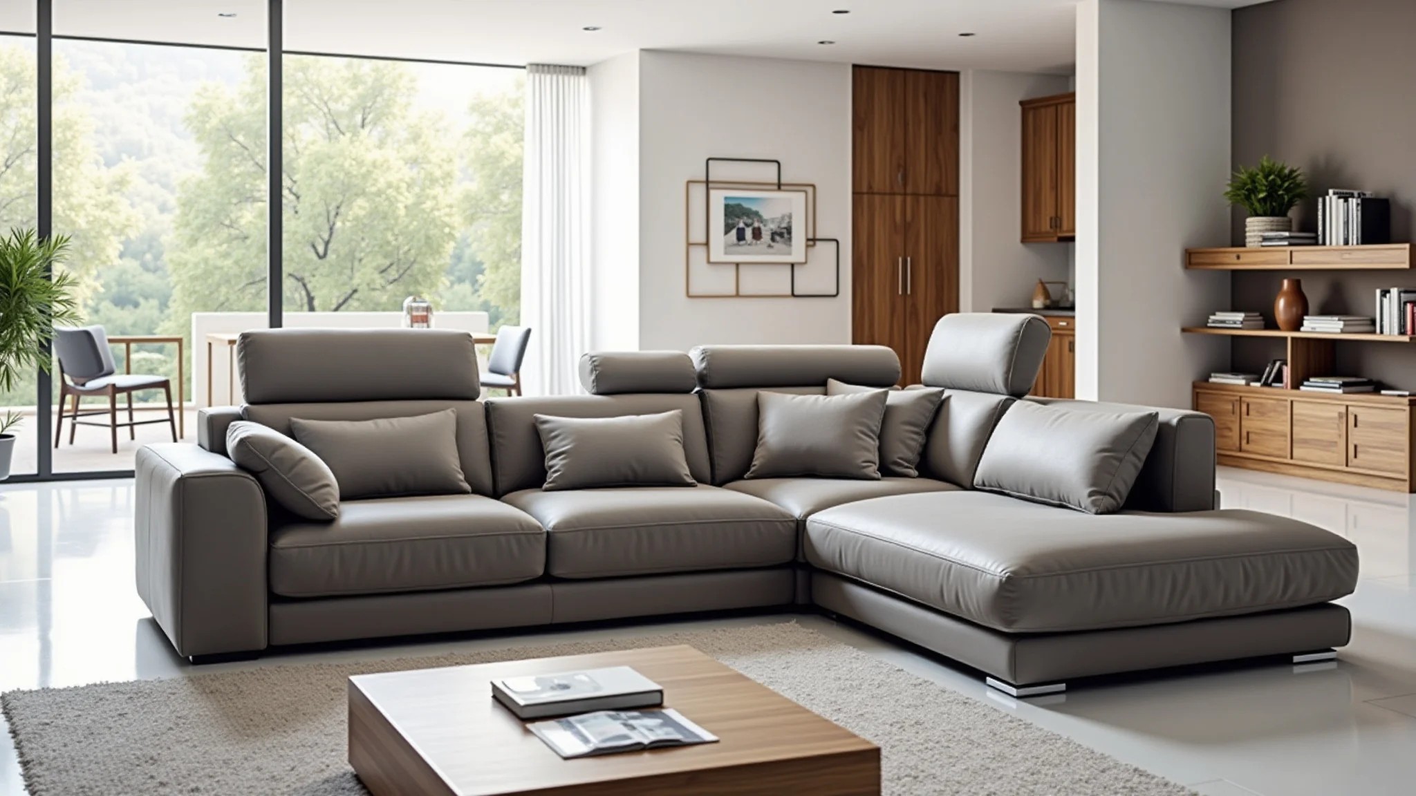 Sofá modular versátil em sala espaçosa com diversas configurações.