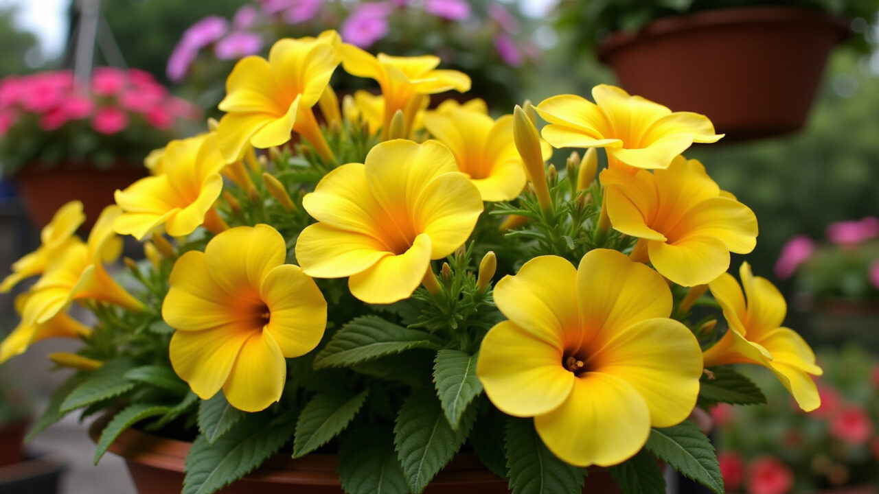 Petúnias amarelas versáteis em vasos e jardineiras.