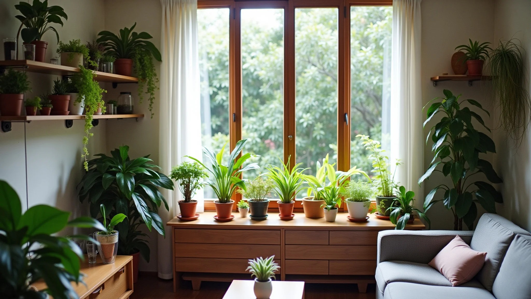 Jardim vertical em sala pequena com plantas suspensas e prateleiras.