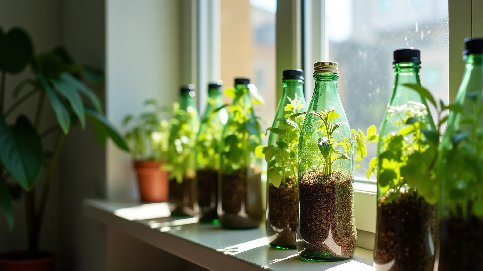 Horta vertical em apartamento brasileiro ensolarado, ervas em garrafas PET recicladas.