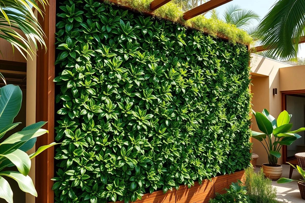 Jardim vertical com buchinhos em painéis de madeira, adicionando sofisticação.