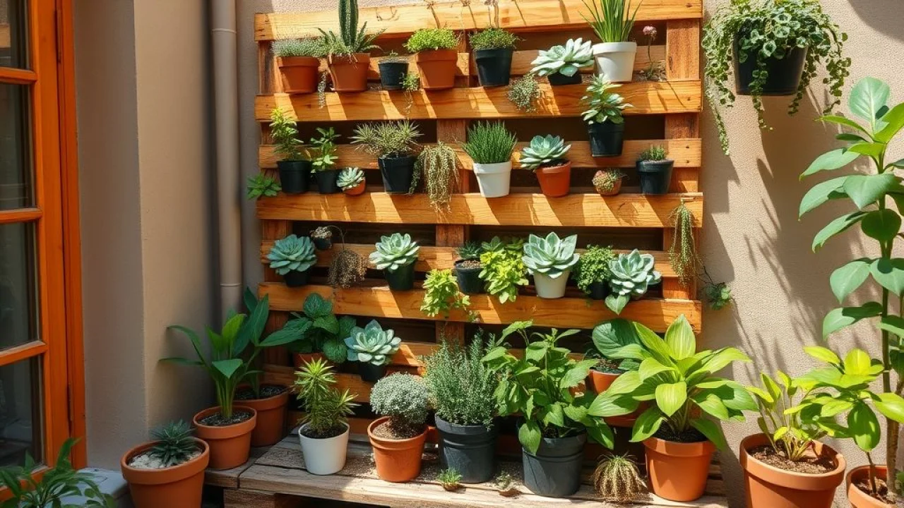 Jardim vertical feito com paletes reciclados. Decoração sustentável e otimização de espaço.