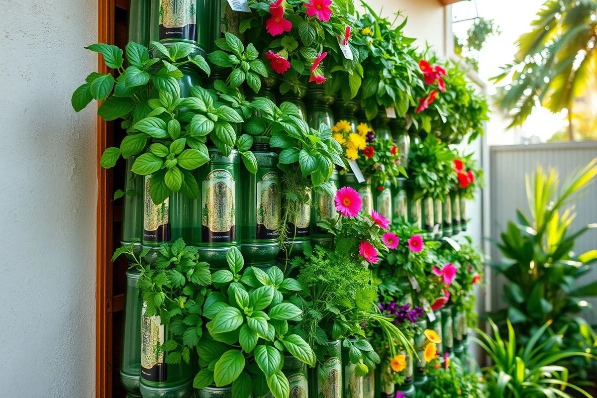 Horta vertical charmosa feita com garrafas PET recicladas em quintal brasileiro.