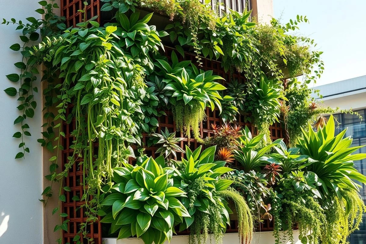 Jardim vertical em apartamento brasileiro com vasos autoirrigáveis e macramê