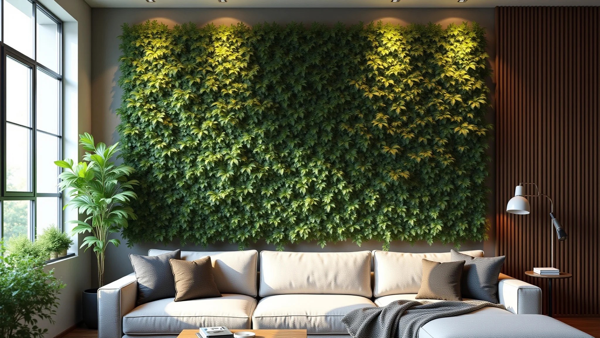 Jardim vertical exuberante em parede de sala de estar com estilo brasileiro.