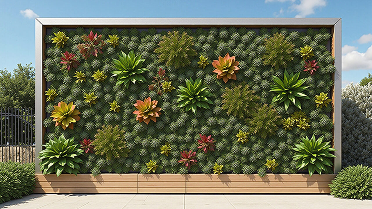 Jardim vertical com estrutura de perfis de alumínio em pátio brasileiro.