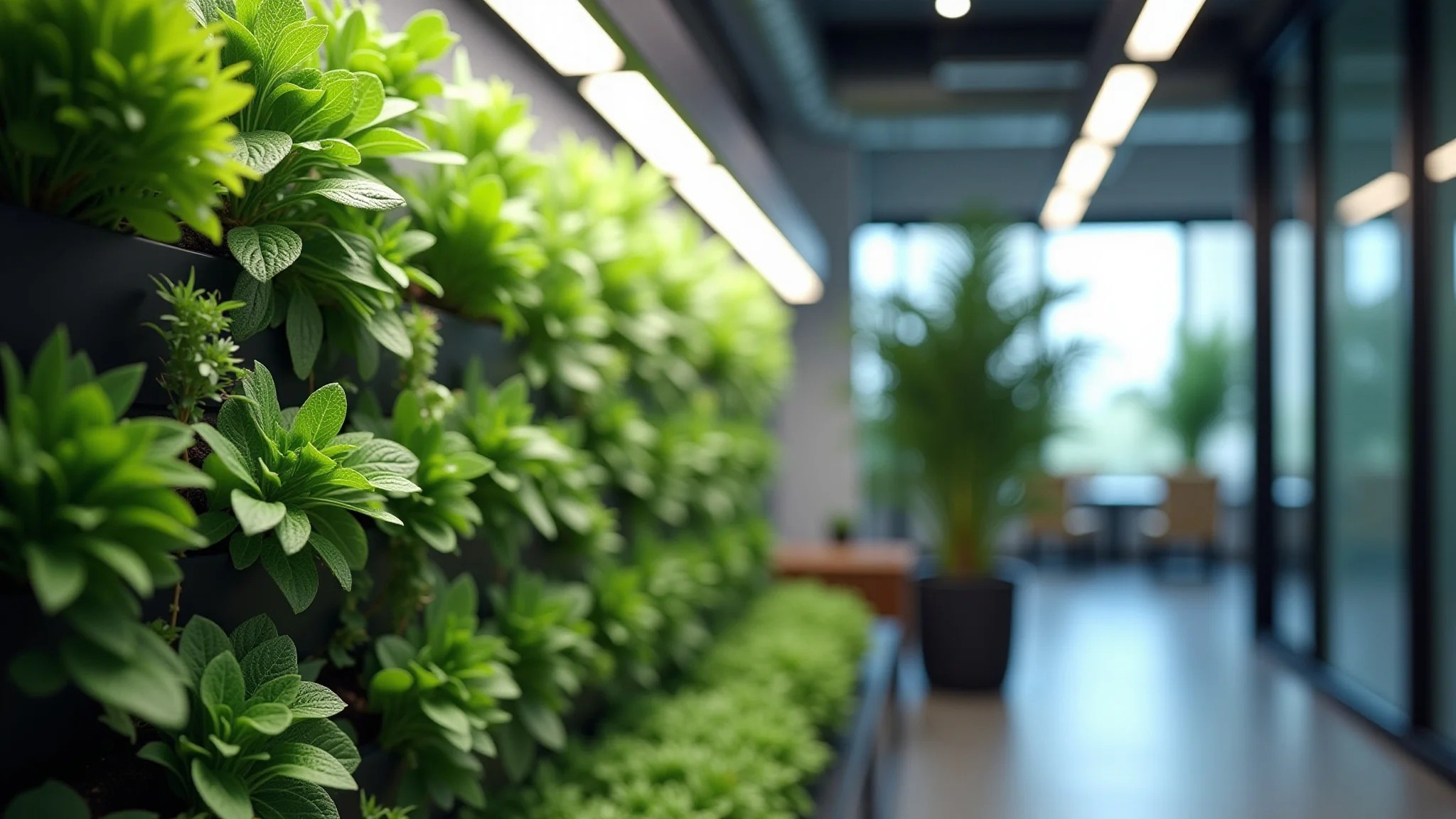 Jardim vertical com sistema de irrigação automático, design moderno.