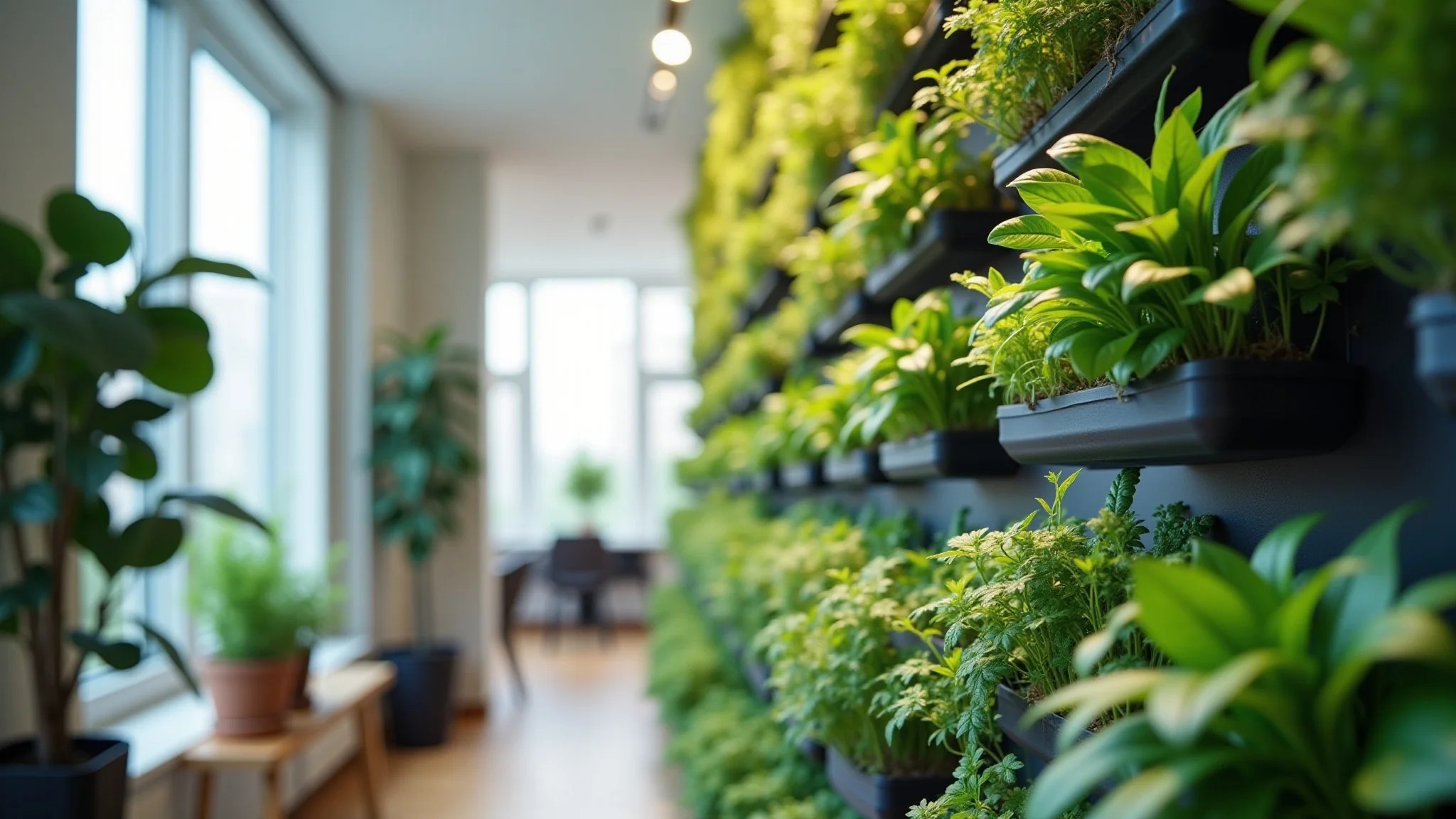 Jardim vertical com sistema de irrigação automática em apartamento moderno.
