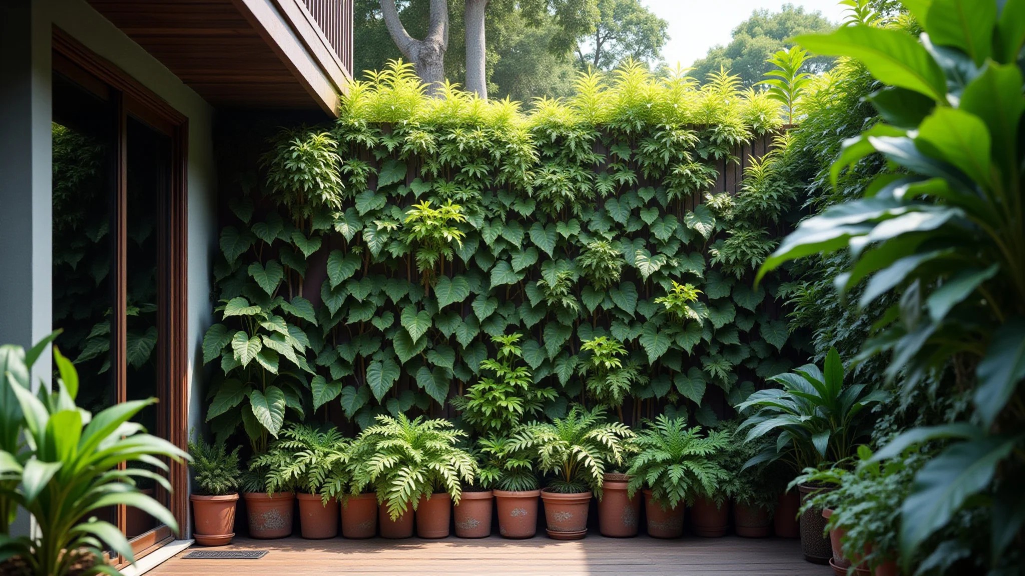 Jardim vertical com samambaias, peperômias e ripsális em pátio sombreado.