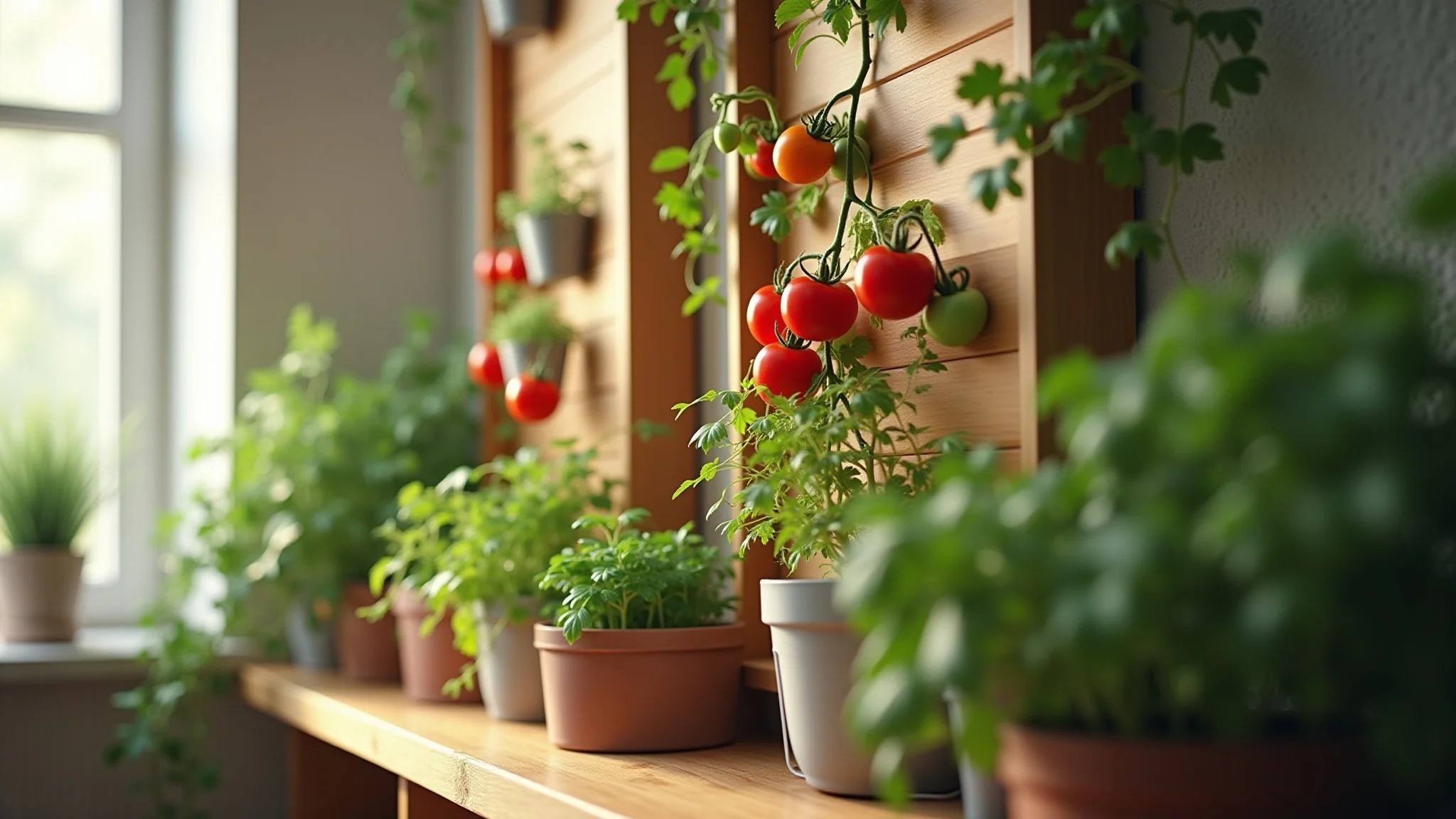 Horta vertical com tomates e ervas crescendo em treliça de madeira em apartamento ensolarado.