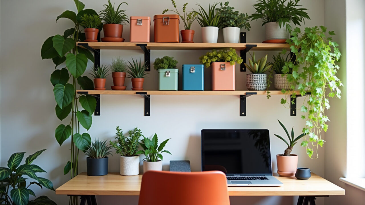 Organização vertical em home office pequeno com prateleiras e plantas.