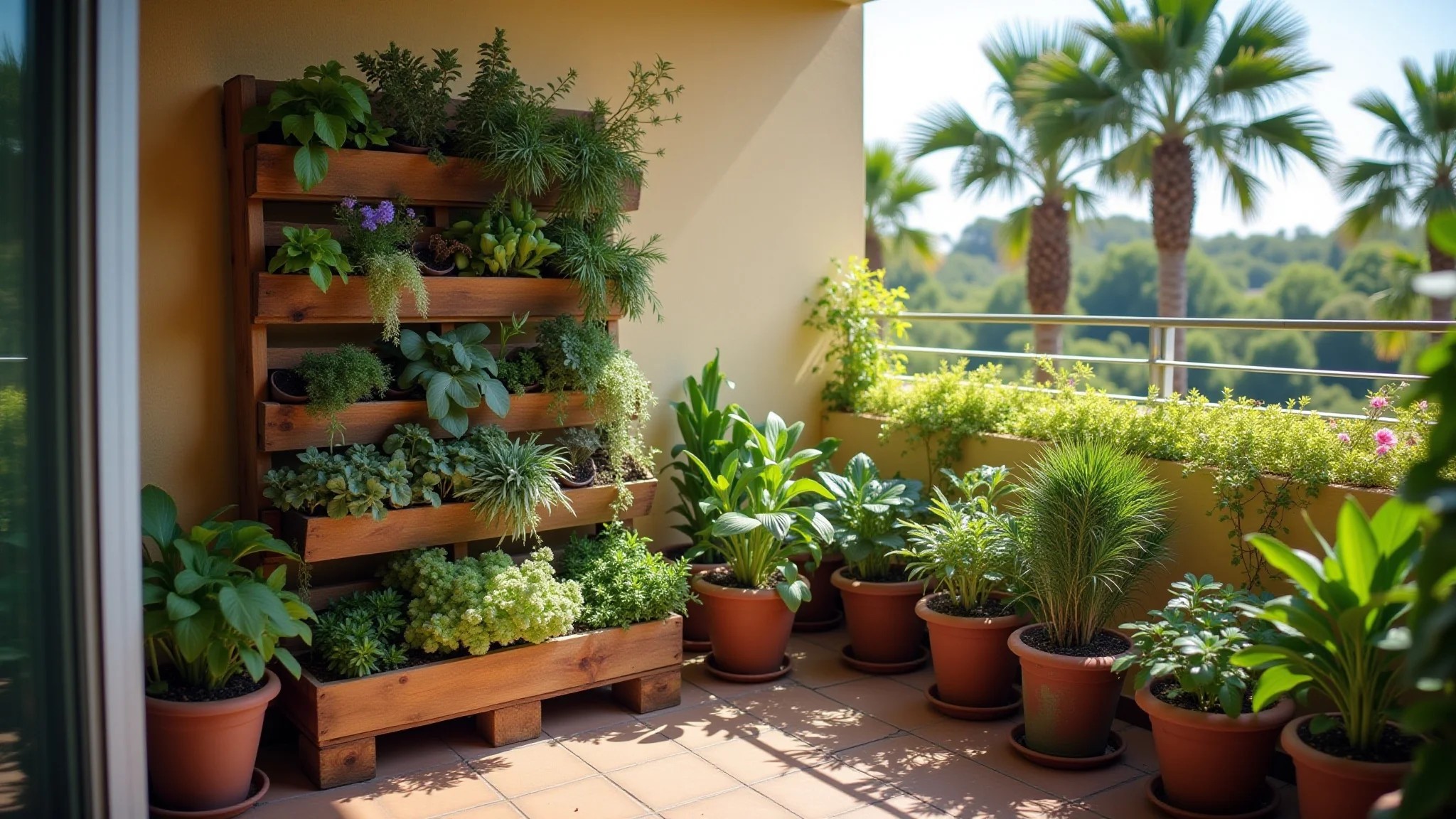 Jardim vertical de paletes em varanda ensolarada, diversas plantas.