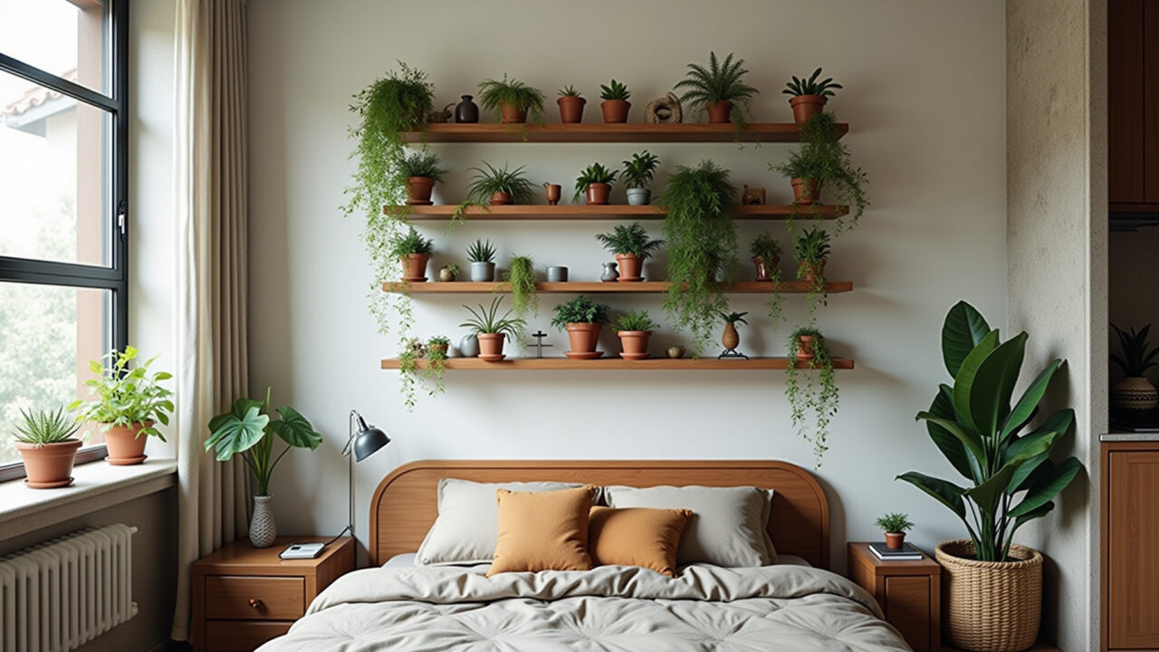 Prateleiras verticais e jardim vertical em apartamento pequeno, otimizando o espaço.