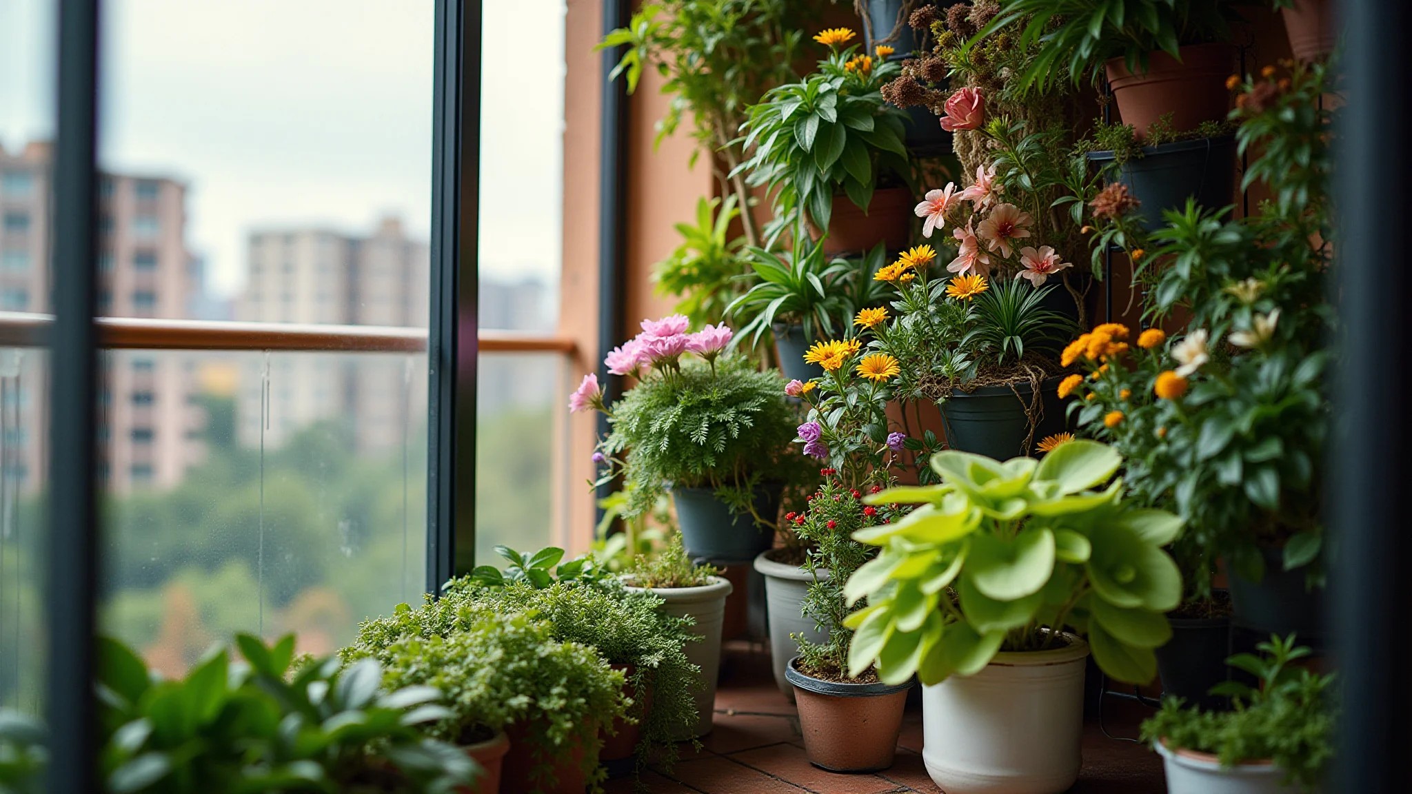 Jardim vertical de inverno em varanda, com plantas e flores diversas em apartamento brasileiro.