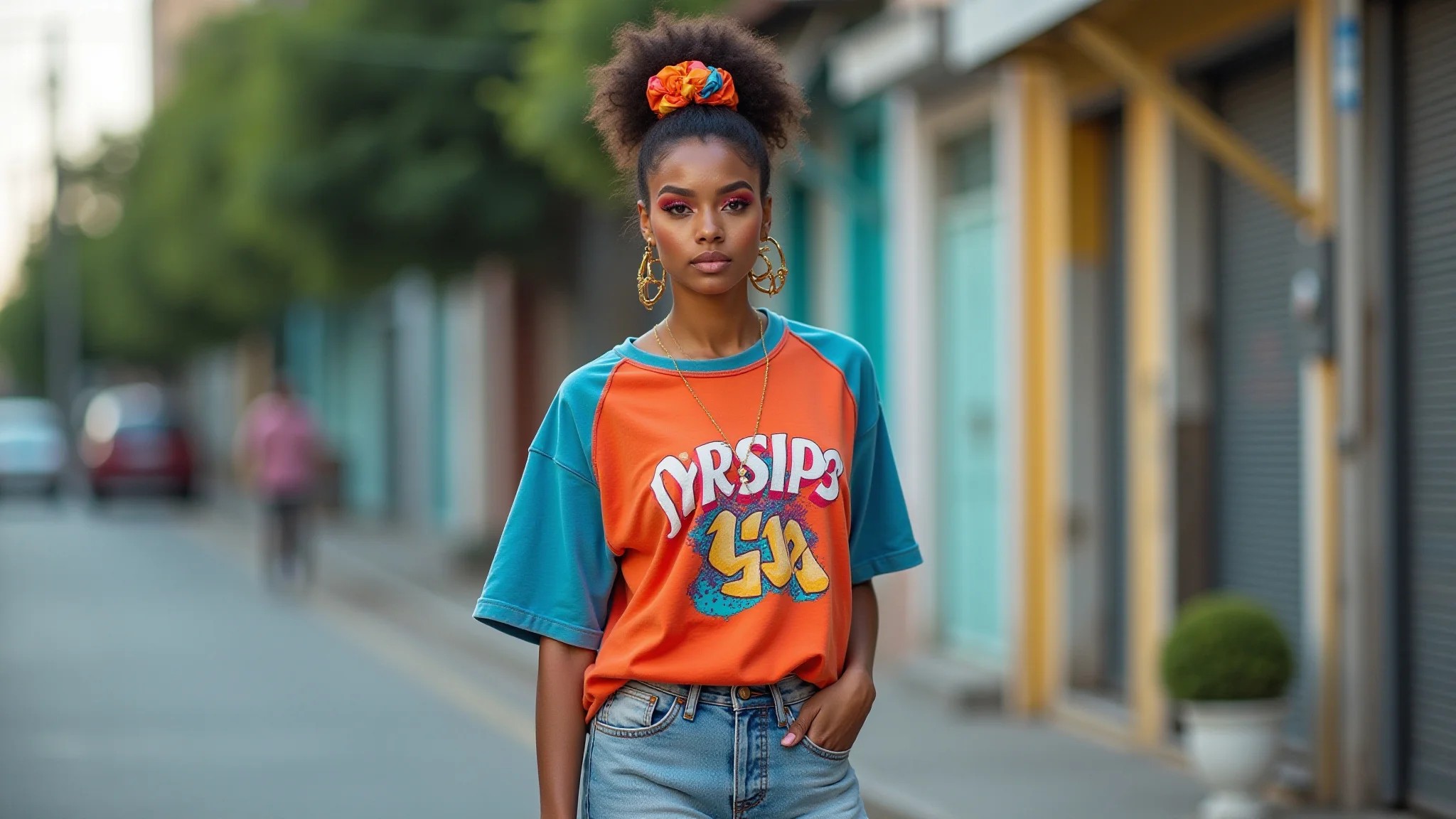 Moda anos 80: mulher brasileira com jeans ácido, camiseta estampada e acessórios coloridos.
