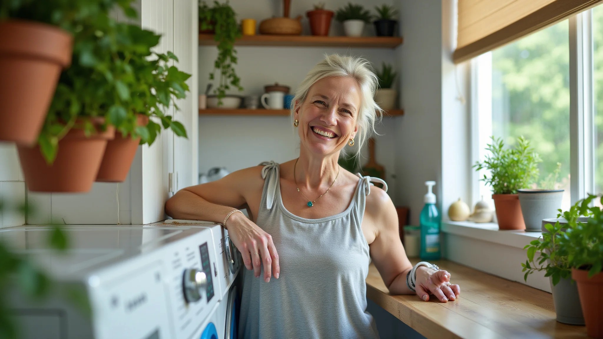Lavanderia com plantas penduradas, mulher sorrindo, luz natural.