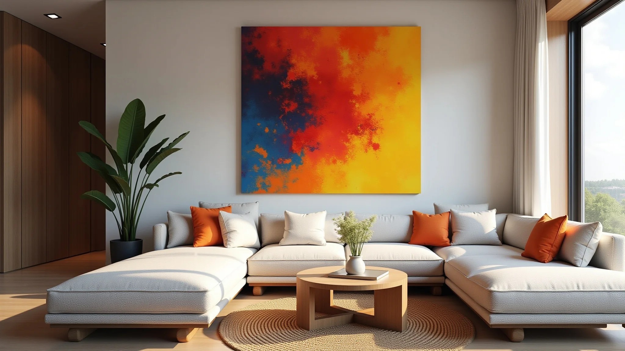 Quadro abstrato vibrante em sala moderna com design brasileiro e cores quentes.