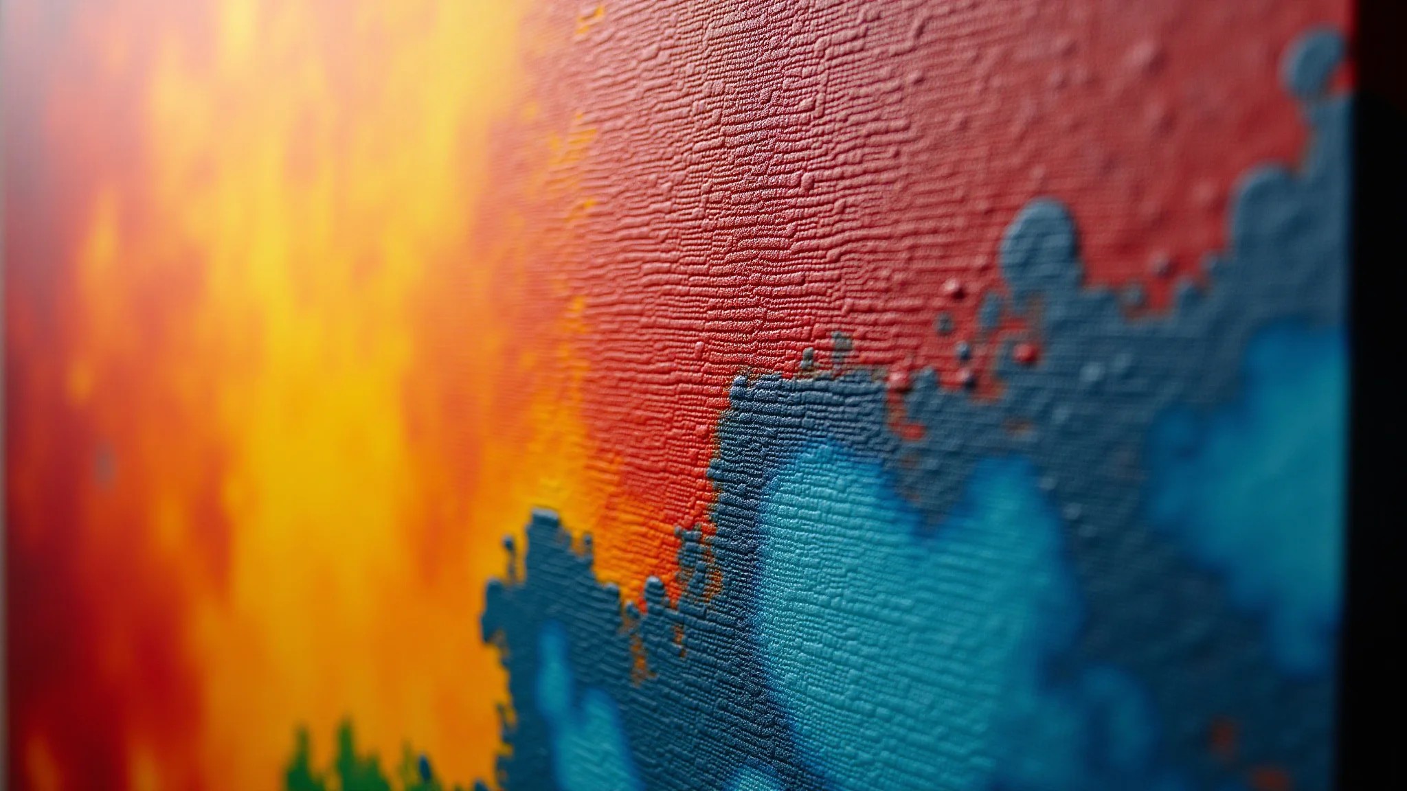 Pintura abstrata vibrante em tela com texturas ricas e cores ousadas.