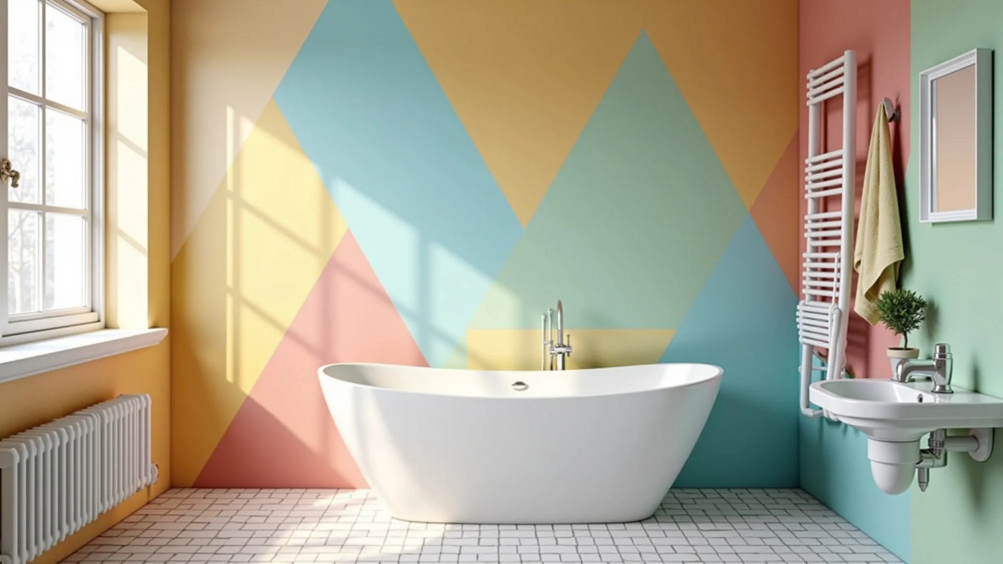 Banheiro vibrante com parede geométrica pintada, triângulos em tons pastel e design clean.