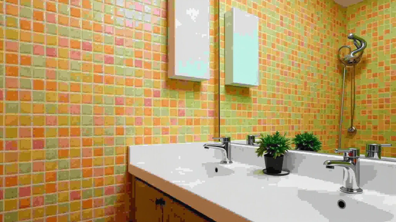 Banheiro divertido com mosaicos coloridos de pastilhas.