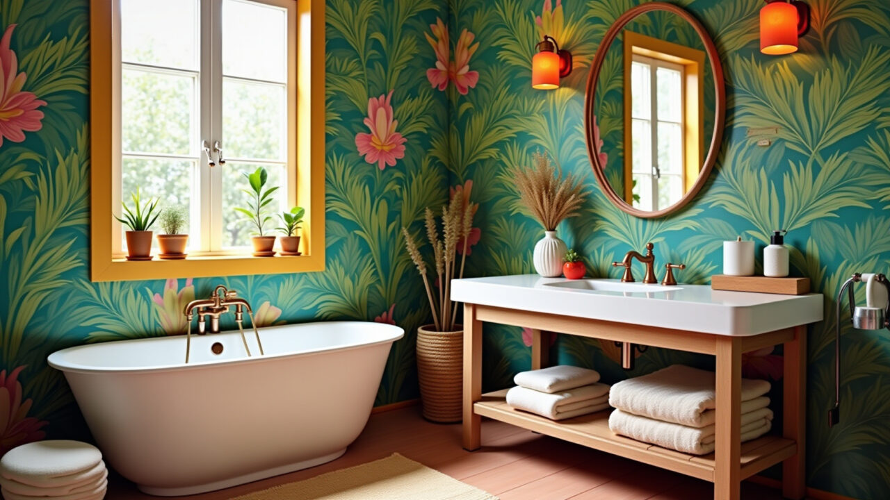 Banheiro vibrante com papel de parede tropical.