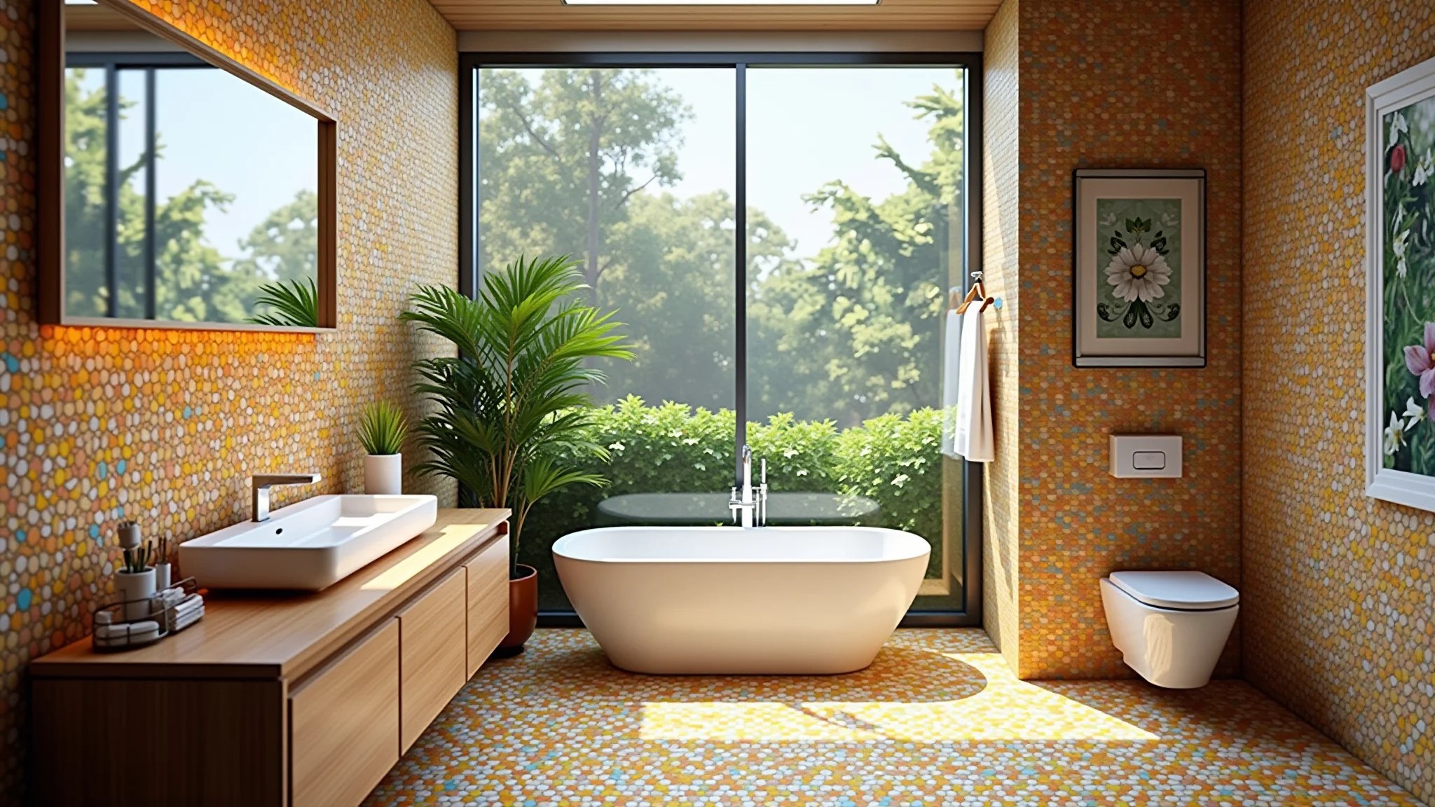 Banheiro vibrante com pastilhas coloridas, luz do sol e design brasileiro.