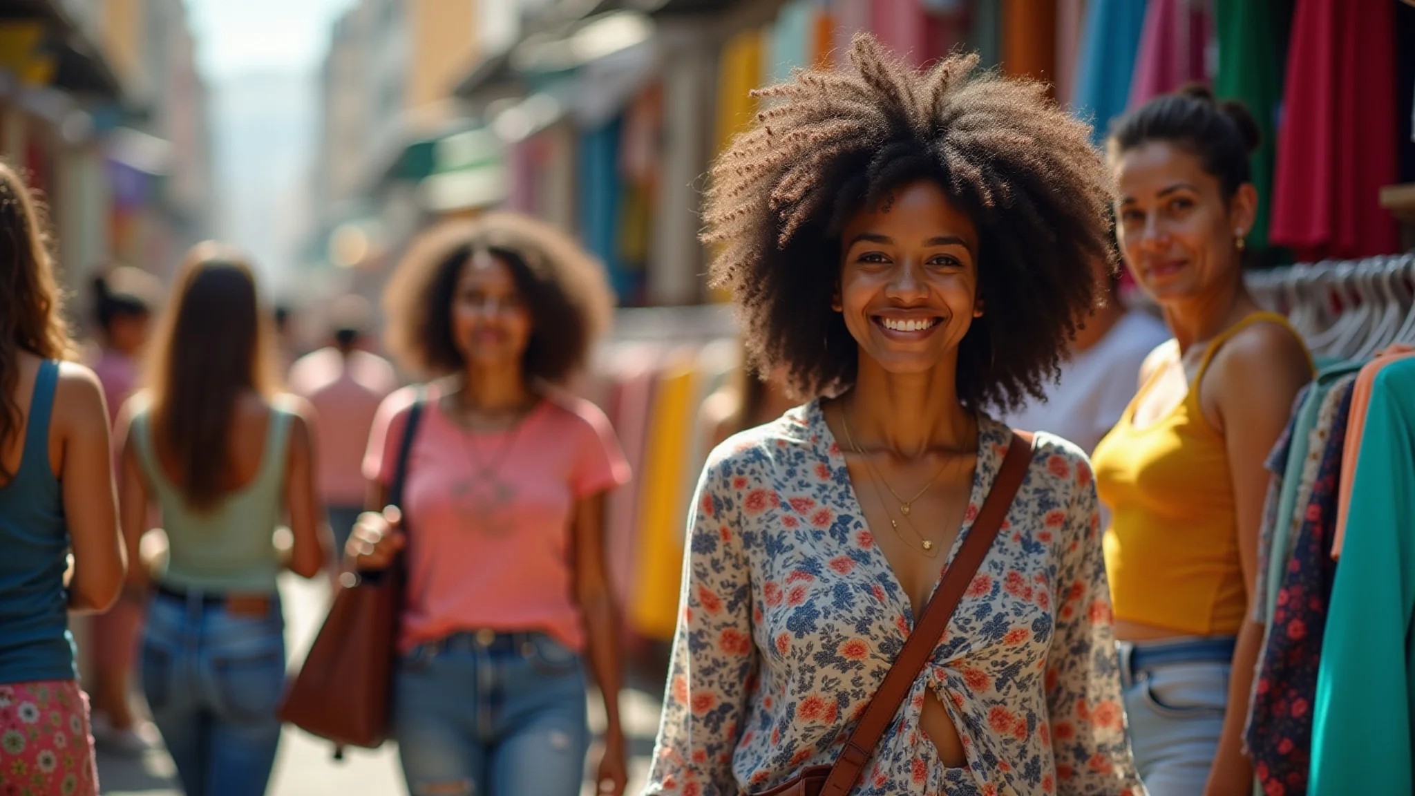 Mulheres brasileiras diversas garimpando roupas em bazar vibrante e colorido.