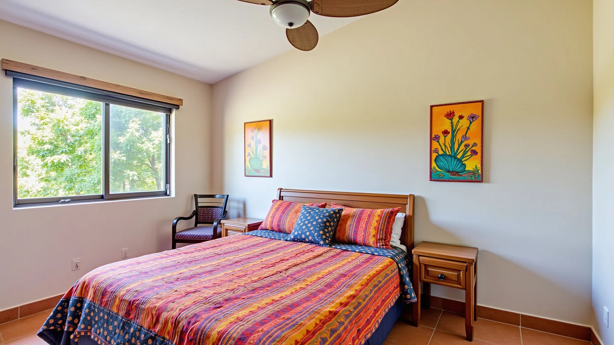 Quarto vibrante com roupa de cama colorida, arte brasileira e estilo Farm Rio.