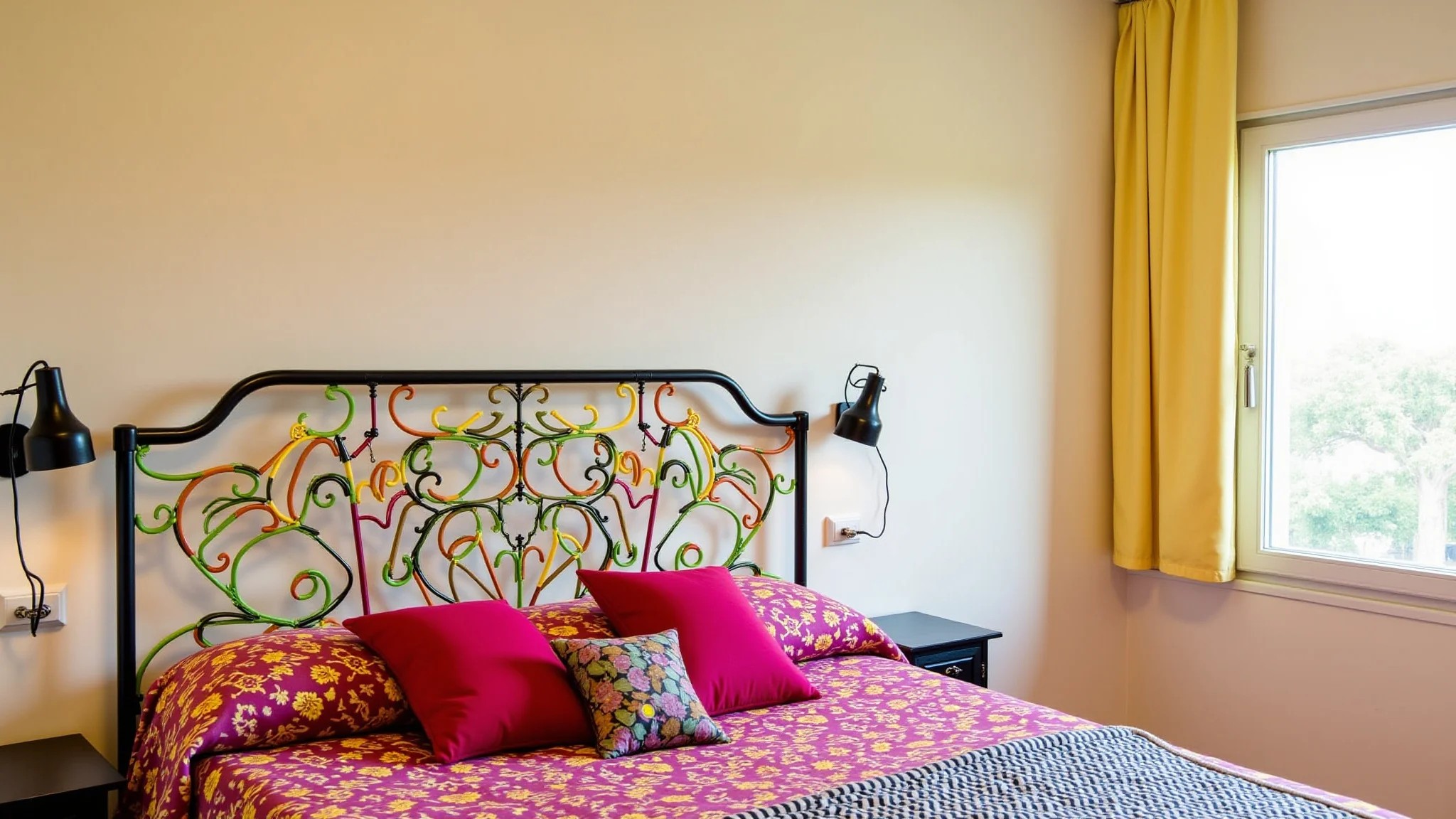 Quarto vibrante com cabeceira de ferro colorida em estilo Farm Rio.