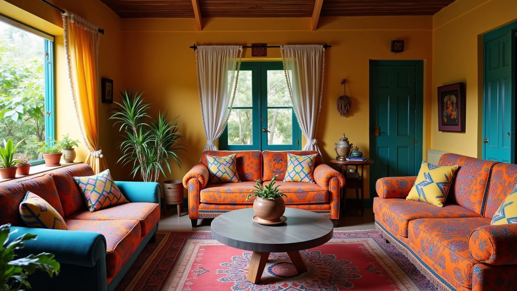 Sala de estar vibrante em estilo boho, com tecidos coloridos, luz natural e decoração artesanal brasileira.
