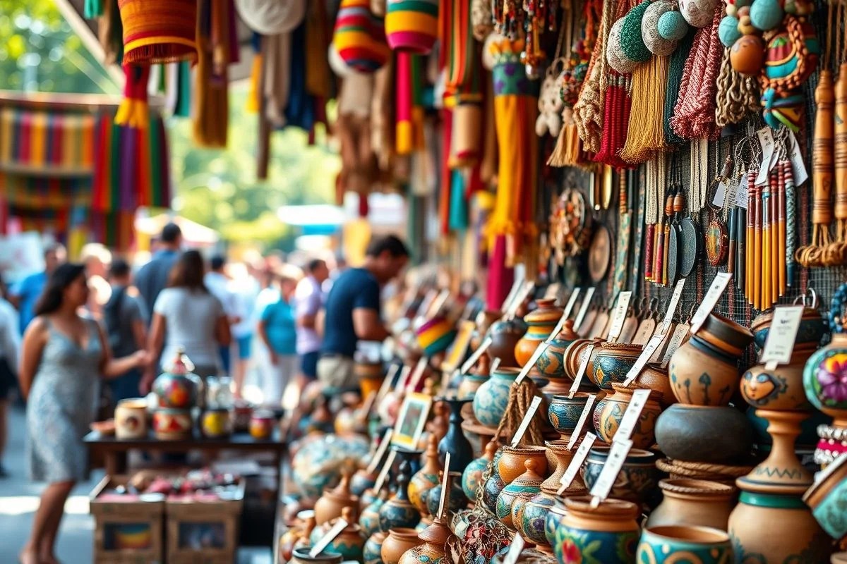 Feira de artesanato brasileira colorida, com diversos produtos à venda e foco nas etiquetas de preço.