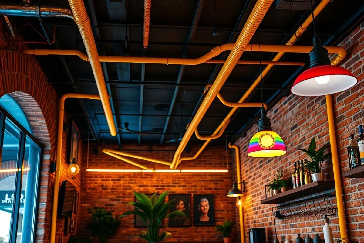 Café brasileiro com eletrodutos coloridos e design criativo