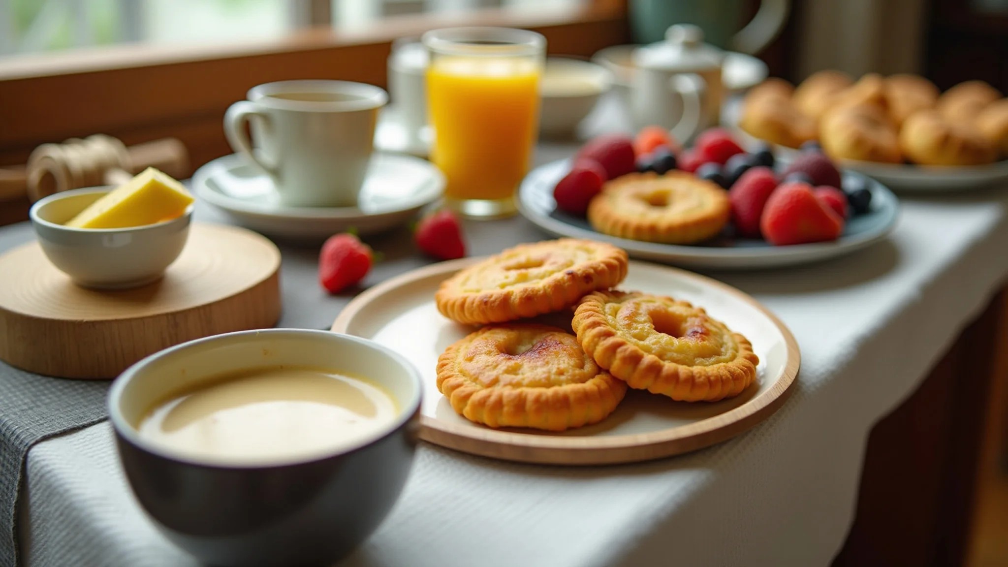 Mesa de café da manhã caseiro com pão de queijo, frutas e café.