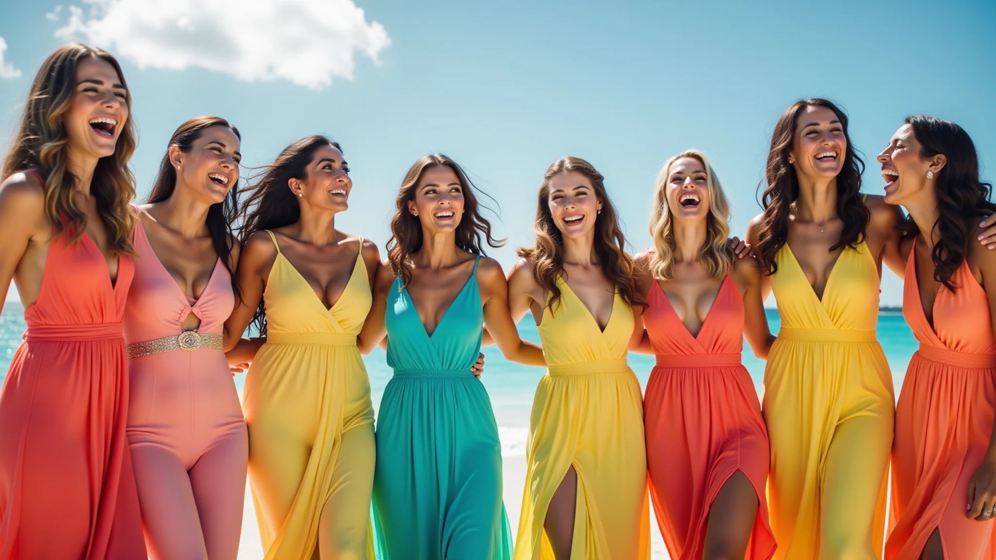 Madrinhas vibrantes em vestidos coral, turquesa e amarelo celebrando em casamento alegre na praia brasileira.