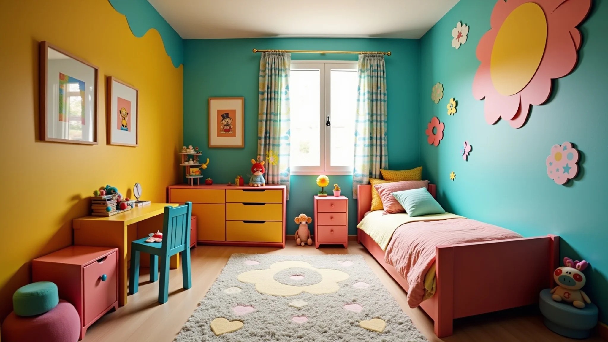 Quarto infantil vibrante com decoração lúdica e elementos de design brasileiro.
