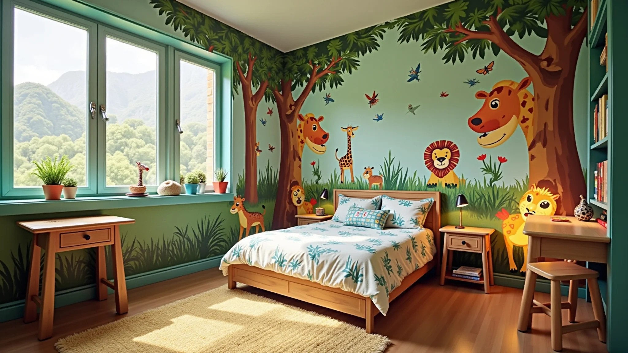 Quarto infantil vibrante com tema de selva, design divertido e papel de parede de animais.