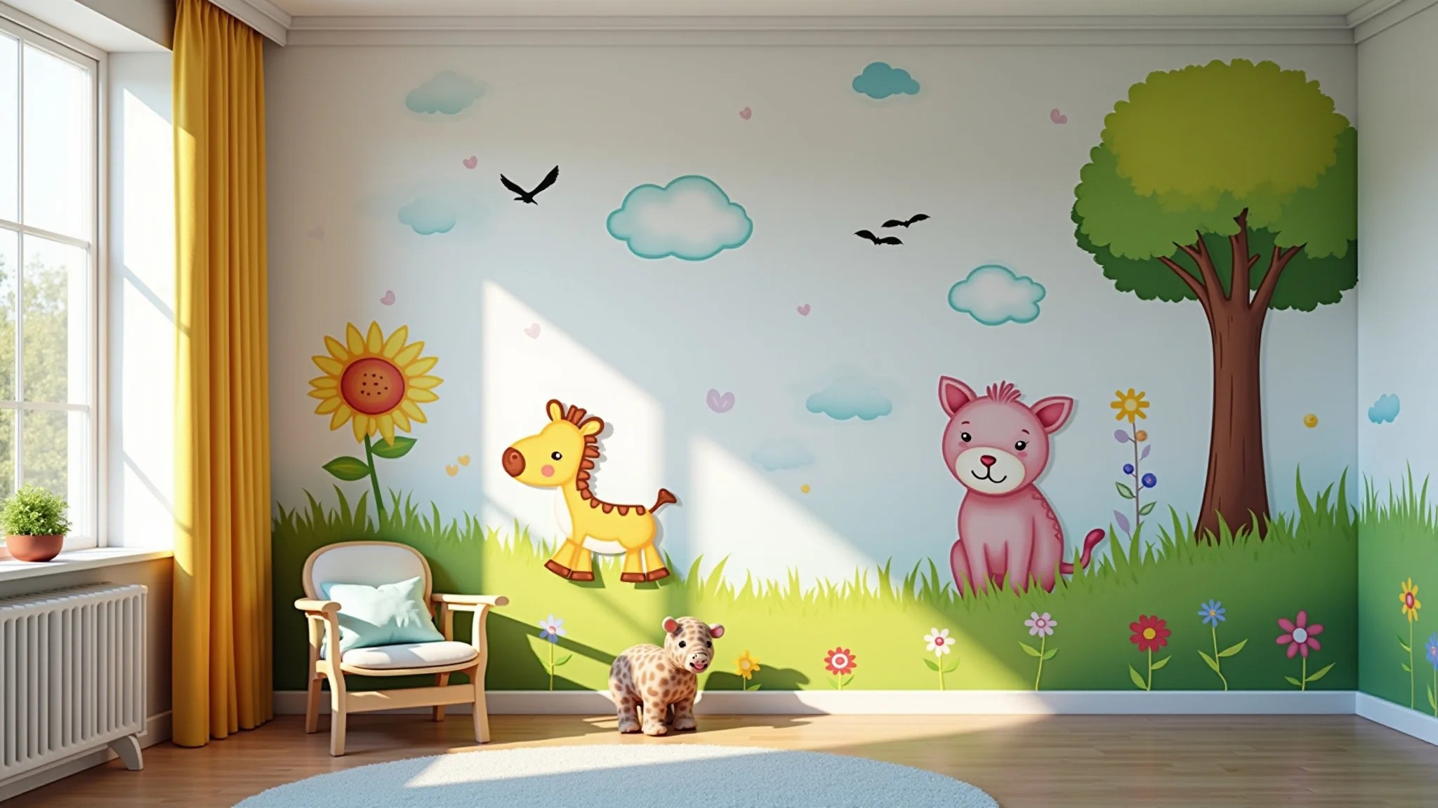 Quarto infantil vibrante com papel de parede temático da natureza.