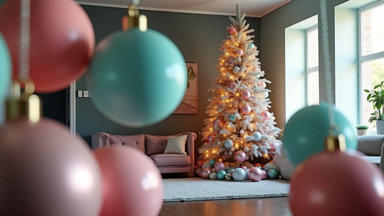Decoração de Natal vibrante com enfeites rosa e turquesa.
