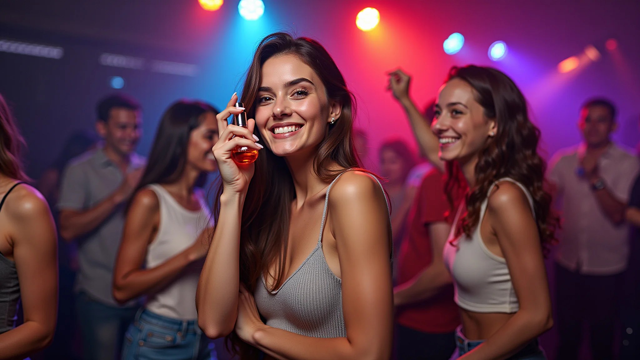 Mulher confiante aplicando perfume em balada vibrante com amigos.