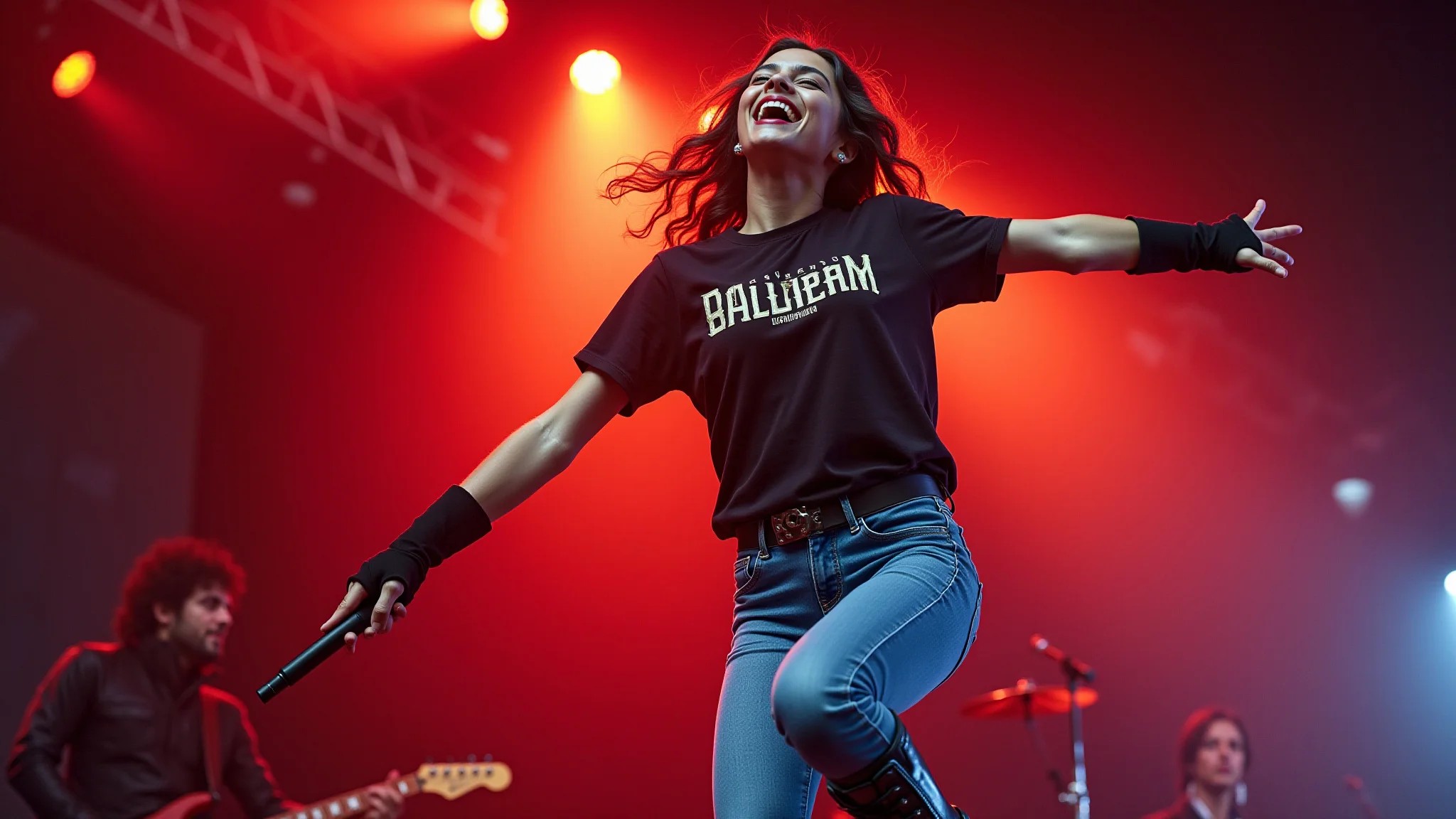 Mulher jovem brasileira pulando em show de rock com camiseta de banda, jeans skinny e coturnos.
