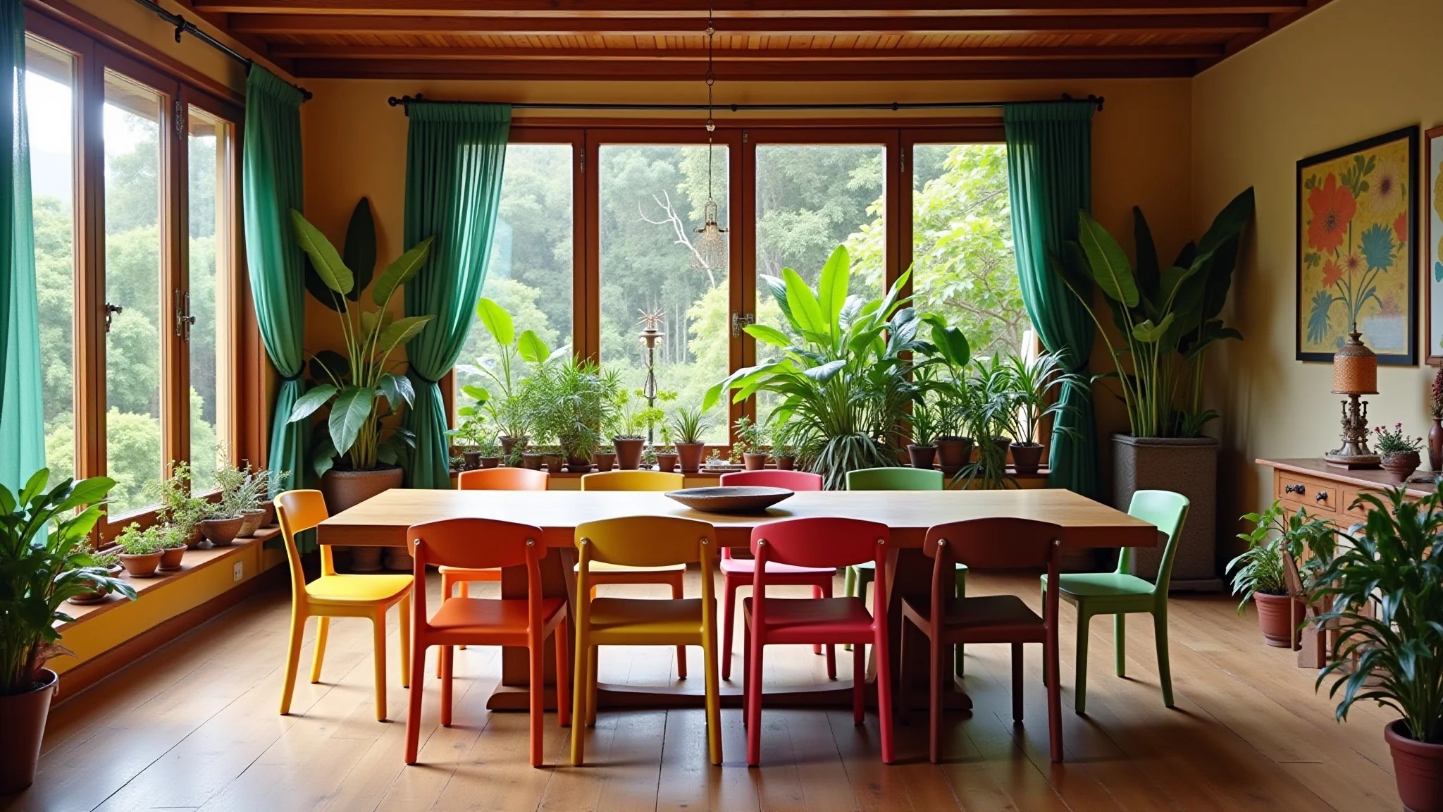 Sala de jantar vibrante com mesa de madeira, cadeiras coloridas e decoração brasileira.