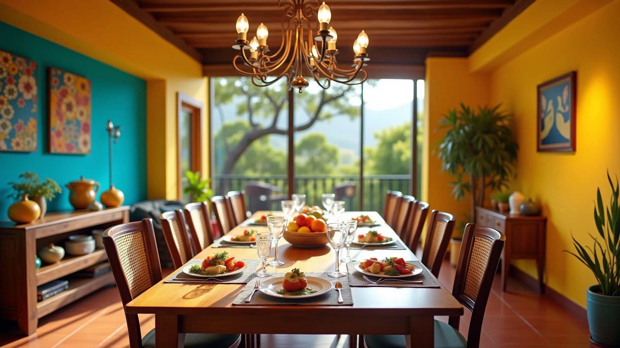 Mesa de jantar retangular de madeira, ambiente familiar e vibrante com design brasileiro.