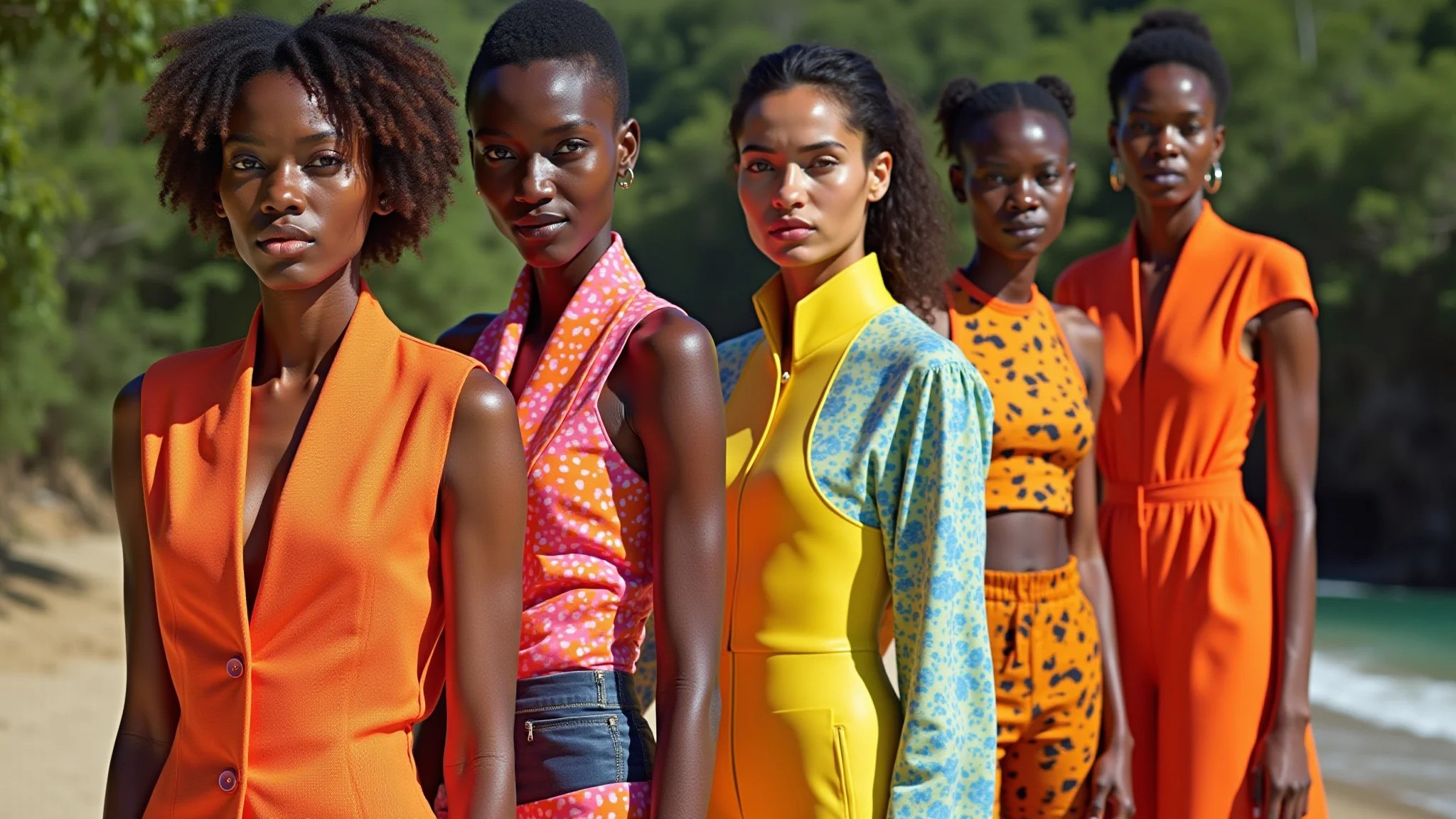 Mulheres diversas exibindo moda feminina futurista com cores vibrantes e tecidos sustentáveis.