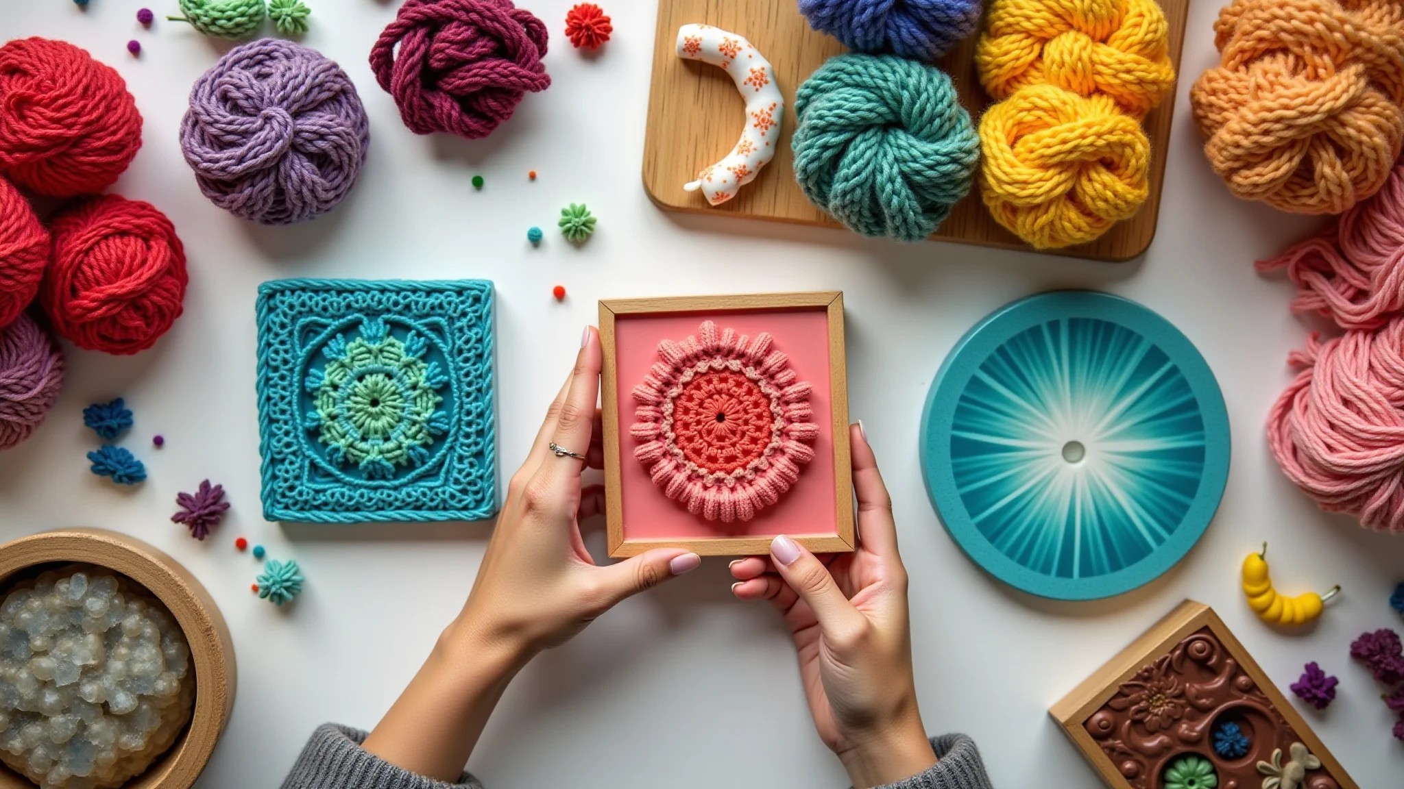 Artesanato lucrativo: Crochê, resina, velas e sabonetes artesanais em uma composição vibrante.