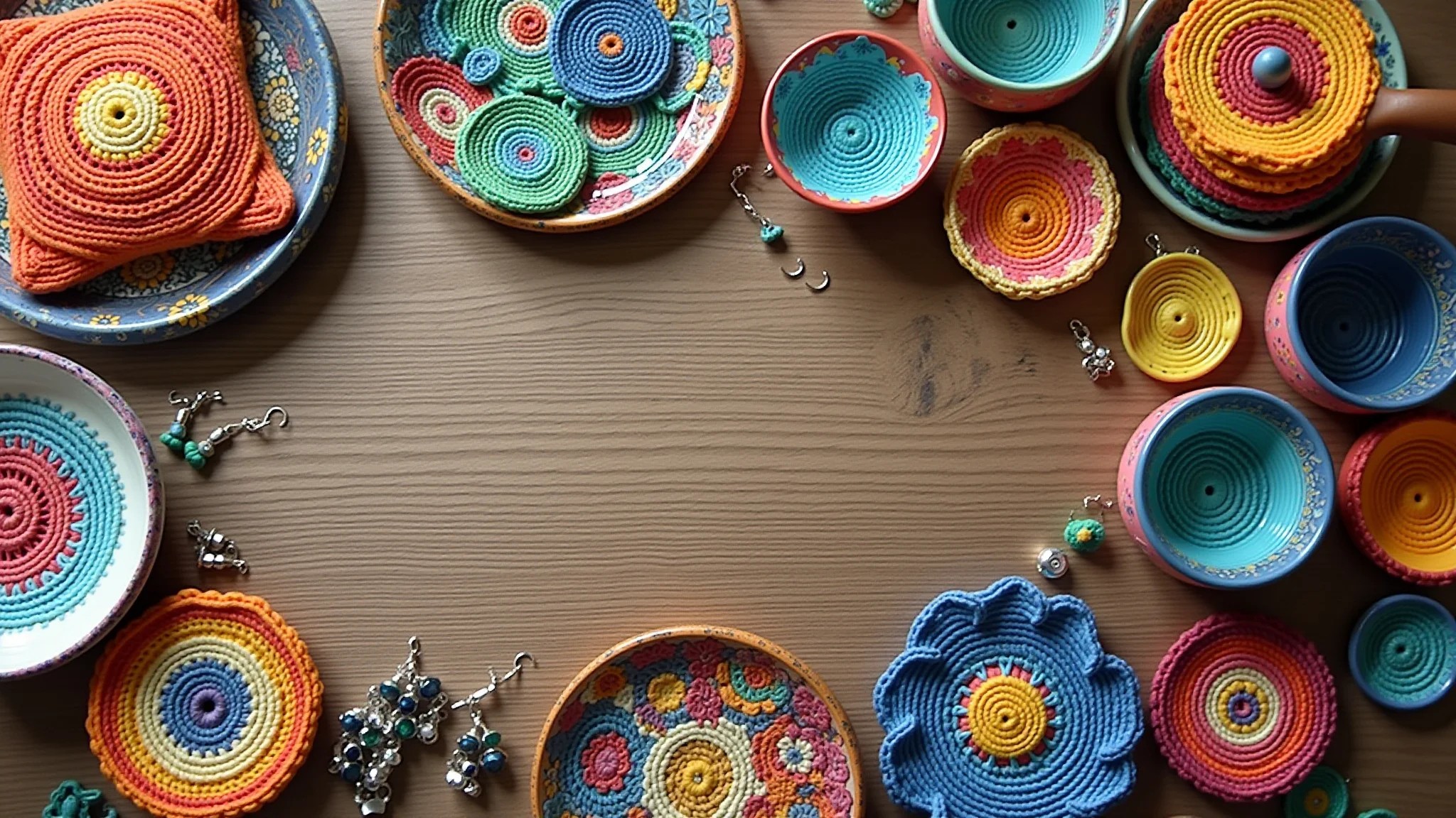 Artesanato variado: joias, crochê e cerâmica pintada dispostos em mesa rústica.
